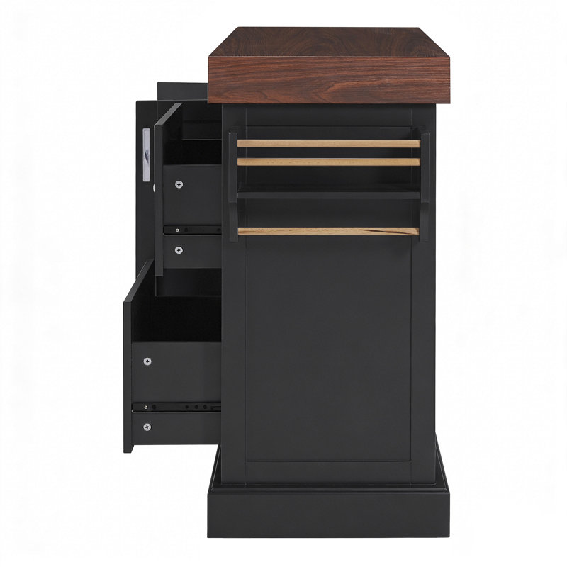 Solis Modern Kitchen Island Cart with Thick Countertop, Spice Rack, Towel Bar and Storage Cabinet, Black