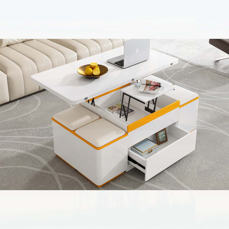 Ensemble de tables basses pliantes multifonctionnelles avec tabourets de rangement, White