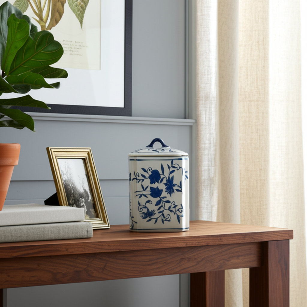 Decorative Jar Stoneware Ceramic Floral Chinoiserie Pattern 8" Tall Blue and White Finish Home Office Decor Kelly Clarkson Home