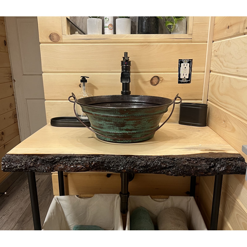 Lavabo vasque rond en cuivre 15 "avec patine verte, drain en marguerite inclus