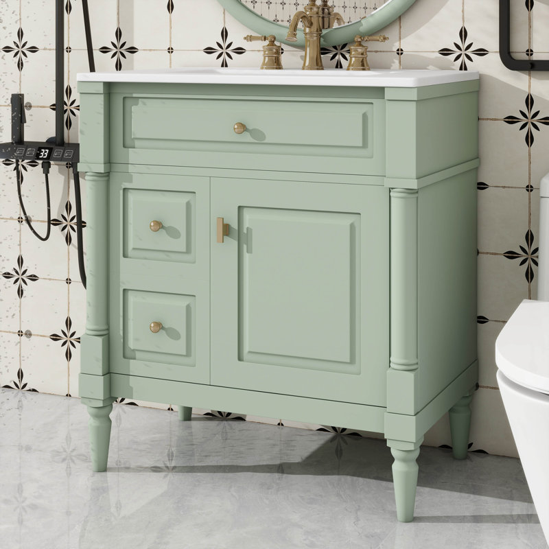 Meuble-lavabo autoportant avec tiroir rabattable et tablette réglable 30 po, Vert, Doré