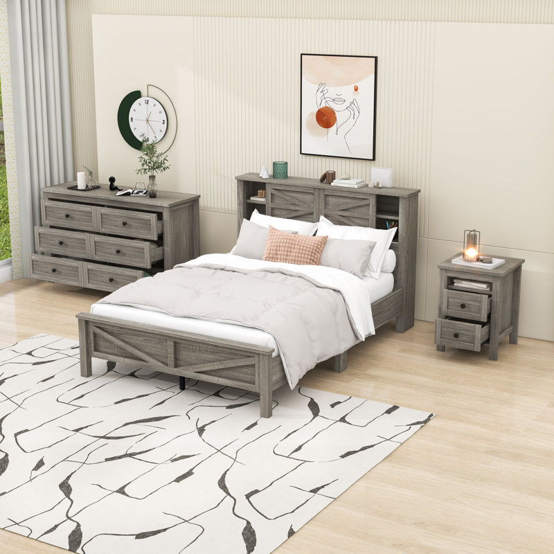 Ensemble de chambre à coucher, lit plateforme, table de chevet et commode avec tiroirs 3 pièces Halldin, Complète