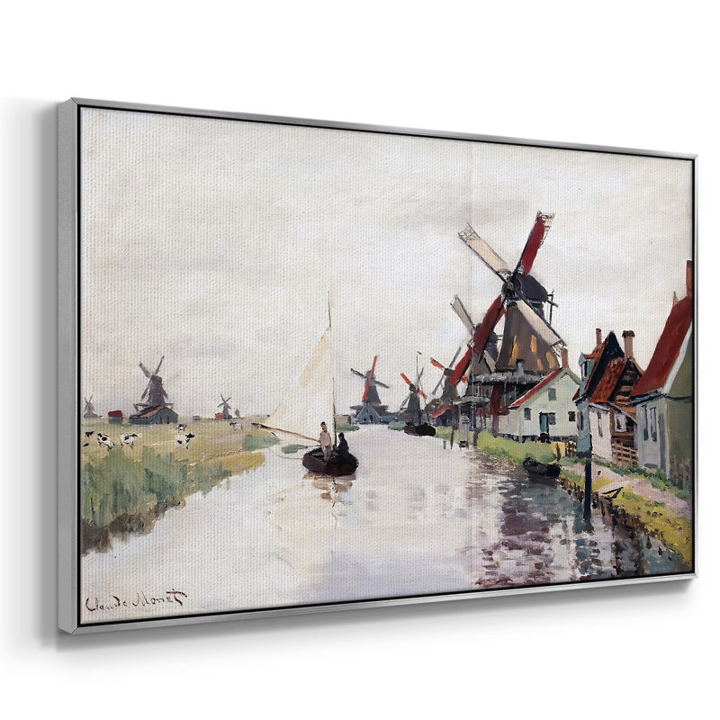 Moulins à vent aux Pays-Bas, 1871, H 17 po x l 25 po x P 2 po, Toile avec cadre argenté