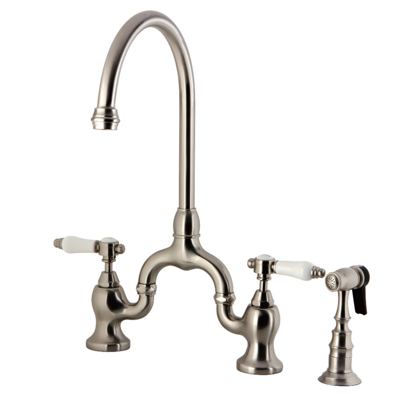 Kingston Brass Bel-Air Two-Handle 3-Hole Deck Mount Bridge Kitchen Faucet with Brass Side Sprayer, Brushed Nickel