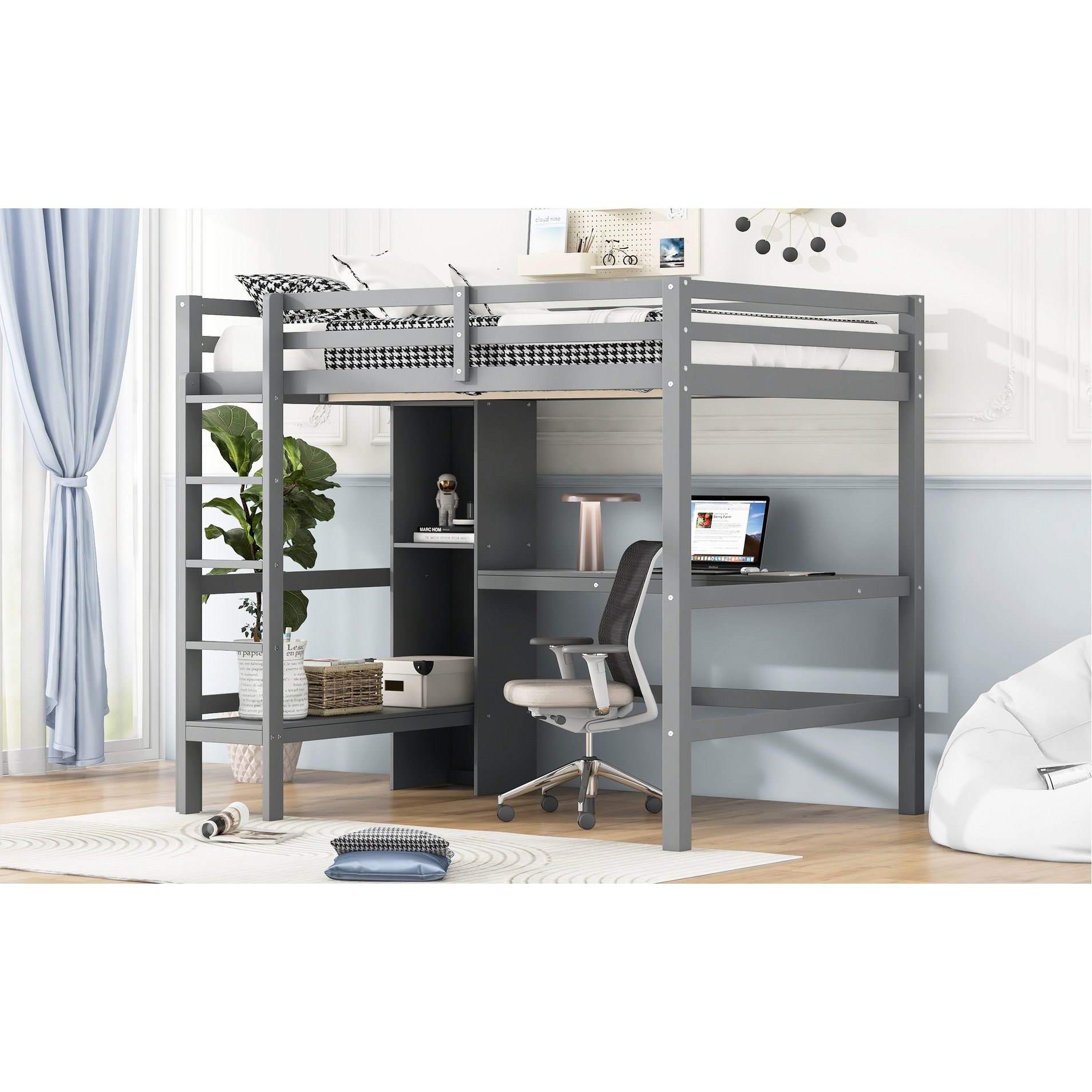 Harriet Bee Gray Full Size Loft Bed With Built - In Desk And ...