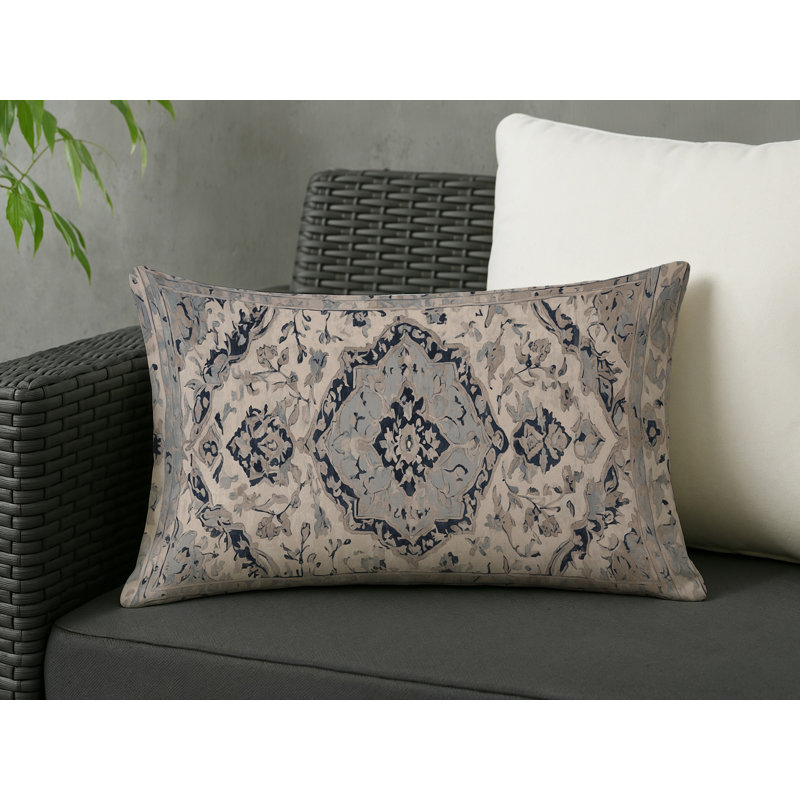 Coussin décoratif intérieur et extérieur Modern, Ivoire / bleu marine / damas gris, Rectangle H 20 po x l 14 po