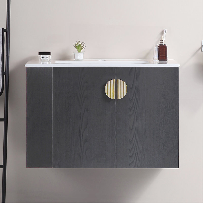 Ensemble de meuble-lavabo sophistiqué avec tablette latérale ouverte et armoire à deux portes