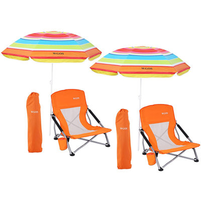 Folding Beach Chairs with Umbrella, Low Beach & Camping Chair for Adults (2 Pack, Blue) by MUKE