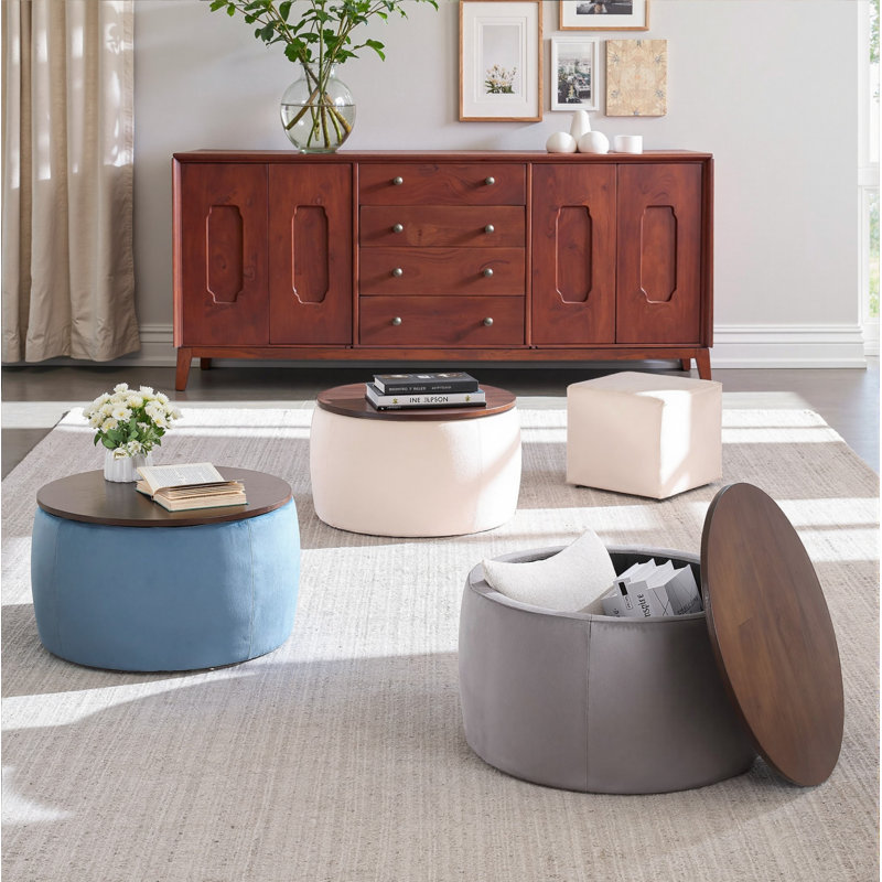 Ensemble de tables basses rondes avec espace de rangement et tabouret pour salon, Blanc