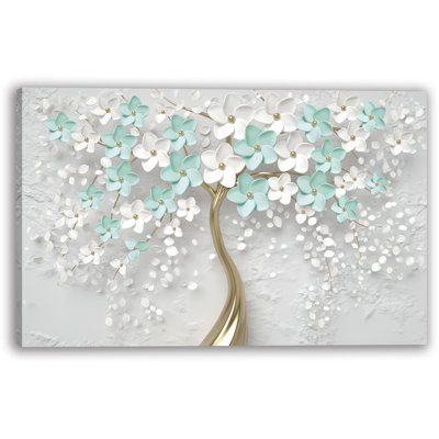«Mint and White Blossom Tree with Gold Trunk», art mural sur toile tendue