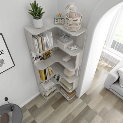 Bibliothèque de coin autoportante à 6 niveaux en forme de L pour le salon, la chambre à coucher, bibliothèque en bois avec dispositif anti-chute et dispositif anti-basculement, étagère de rangement ouverte pour bureau à domicile