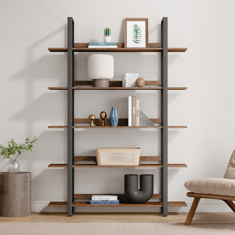 5-tier Industrial Bookshelf With Reinforced Back Baffle For Home Office, Rustic Brown