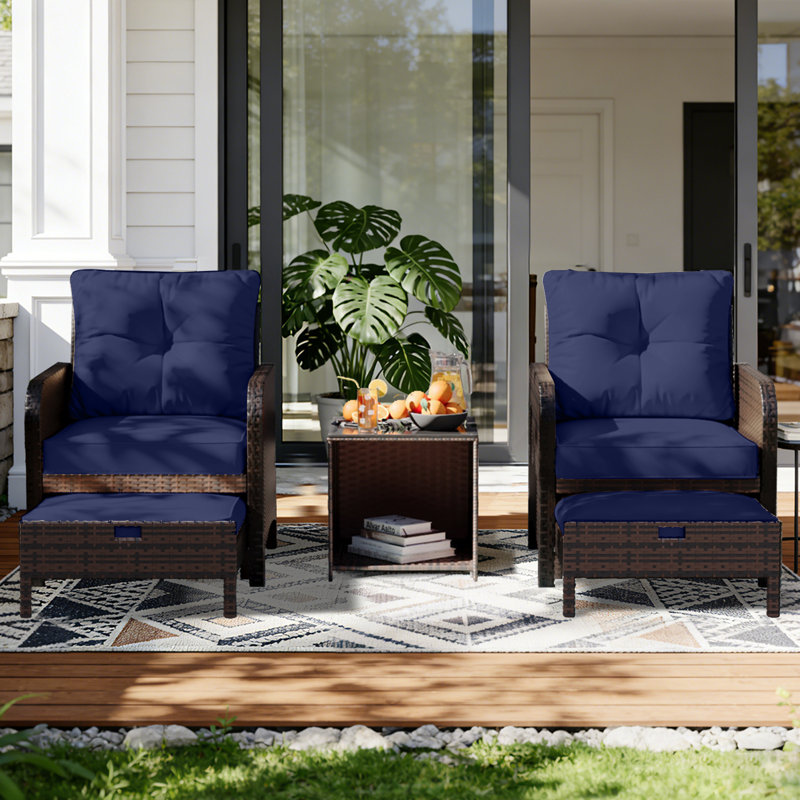 5-Piece Wicker Patio Conversation Set Outdoor Seating Group with Table and Navy Blue Cushions, Navy