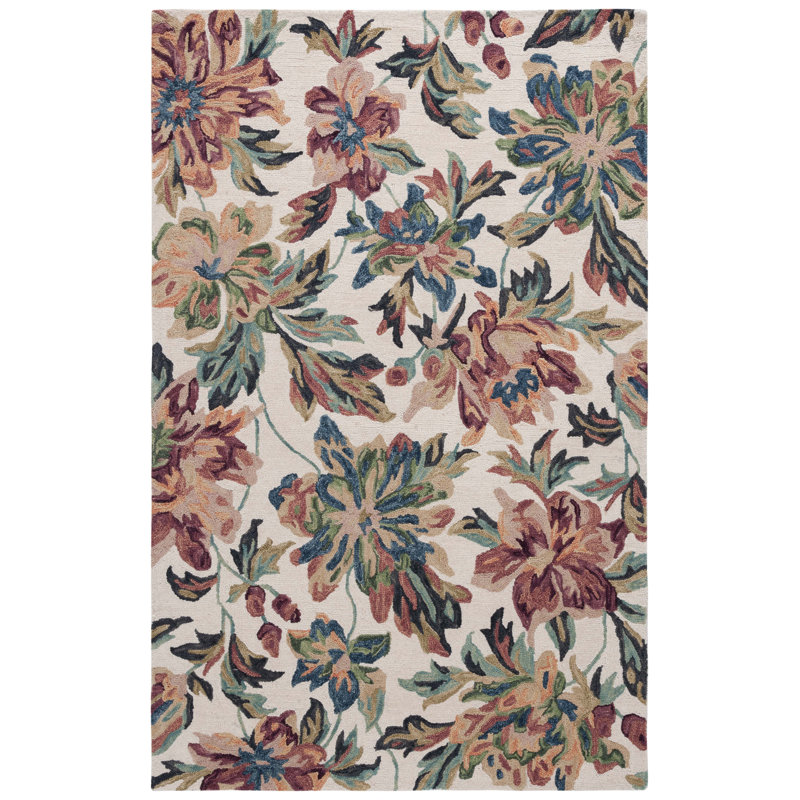 Kameyah Hand Tufted Wool/Cotton Floral Rug in Ivory/Plum, Round 6'