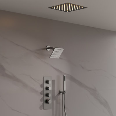 Thermostatic Dual Showerheads System, Ceiling Mount 12" LED Rainfall Shower Faucet with 6" Shower Head, Handheld Spray