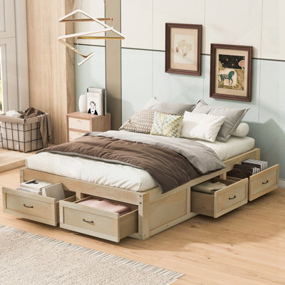 Lit plateforme double avec 6 tiroirs spacieux Ensemble de lattes, conception minimaliste pour chambres à coucher modernes et rangement efficace