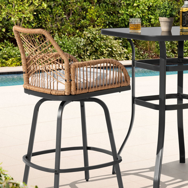 3pcs Wicker Patio Bar Set With Swivel Bar Stools, Tempered Glass Tabletop, 3 Pieces : Table, 2 Chairs