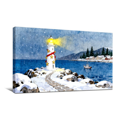 Christmas Snowy Lighthouse Winter Scene With Boat And Stars