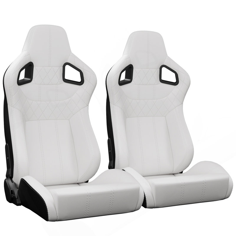 2PC New Universal Bucket Racing Seats White Stitch White PVC Leather Reclinable Carbon Look Leather Back With Adjustor Slider(Not Including Seat Bracket ) 1 Box Of 2 Pieces
