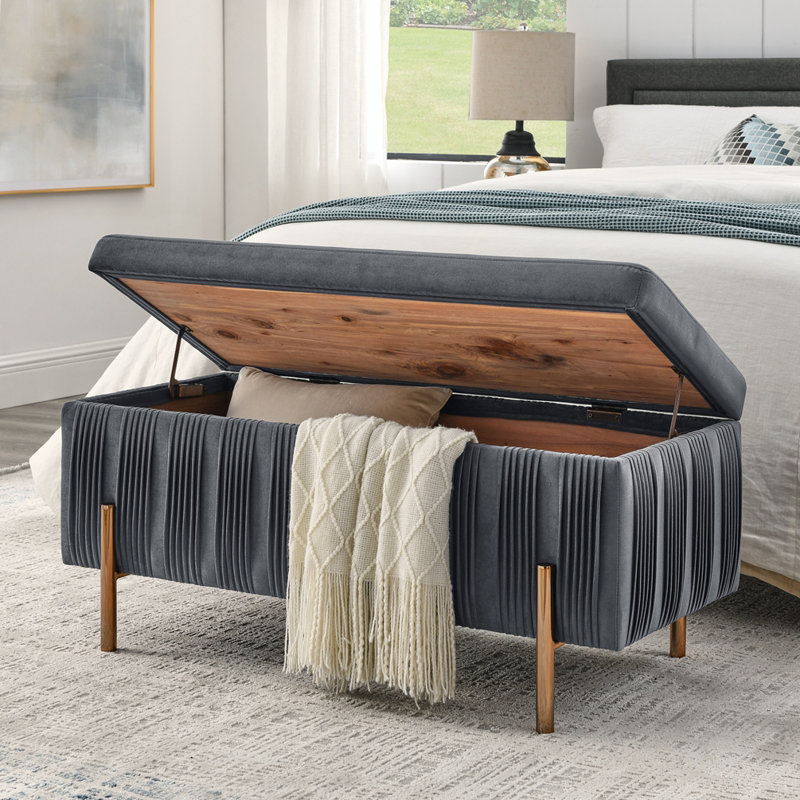 Banc de rangement en velours avec placage en bois de cèdre, gris