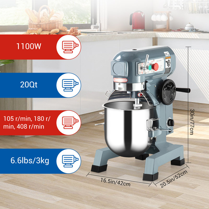 20Qt Commercial Food Mixer, 1100W Electric Stand Mixer with Timing Function, Heavy Duty Industrial Dough Mixer with 3 Speeds Adjustable and Stainless Steel Bowl, Suitable for Bakeries and Pizzerias