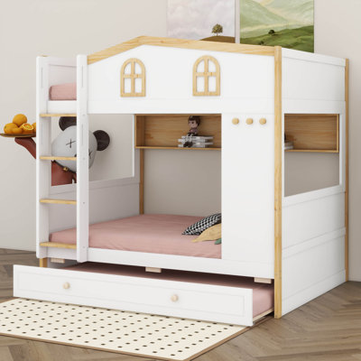 Lit superposé avec garde-corps en forme de maison et lit gigogne, lit superposé en bois avec tablettes de rangement