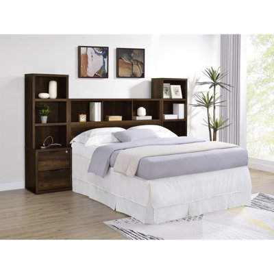 Queen Three Bedroom With Bookcase Headboard, Nightstands Lockable Storage And Charging, Dark Pine Tone, Scratch- Surface Headboard Nightstands, Drawers, Finish, Open For