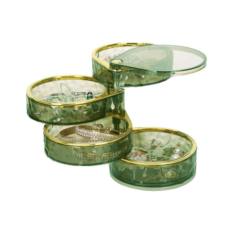 Boîte de rangement rotative pour bijoux à 4 niveaux avec vue - rangement compact pour bagues, boucles d'oreilles, colliers, bracelets et accessoires pour cheveux