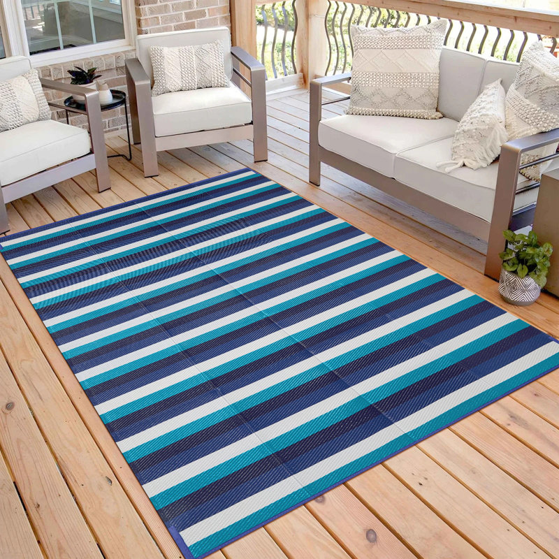 Tapis extérieur rayé bleu / blanc, Rectangle 6 pi x 9 pi, Bleu/Blanc