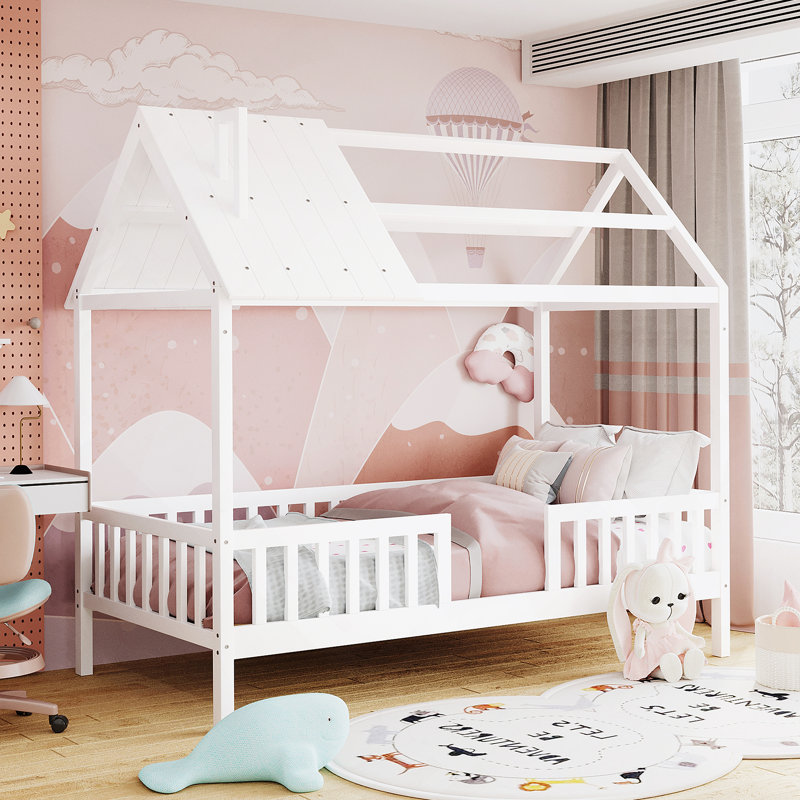 Lit simple en bois avec clôture, blanc, Blanc