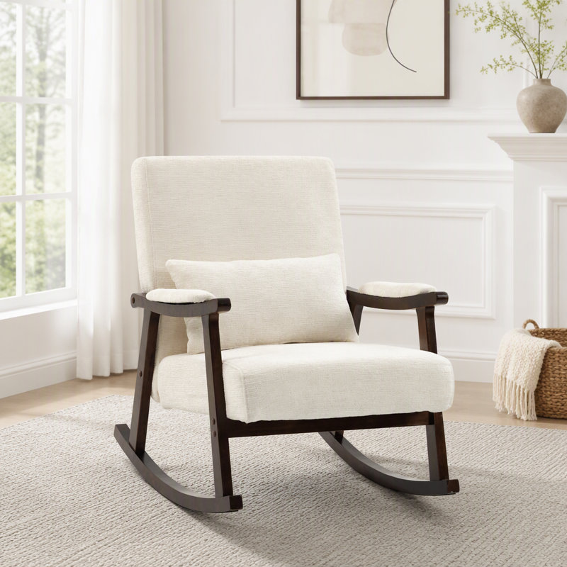 Fauteuil à bascule moderne avec structure en bois massif, fauteuil de salon rembourré, fauteuil de lecture, Blanc antique