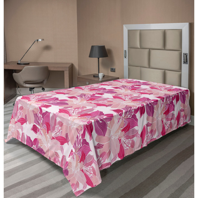 Drap plat Ambesonne à motif floral fleurs de lis rose foncé et brun pâle, Drap plat pour lit simple