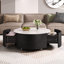 Table basse ronde moderne mobile avec roulettes, 2 tiroirs, plateau en pierre frittée à motif de marbre, noir, 29,5 po-1256757582