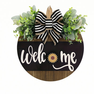 11.8" Welcome Door Sign with Striped Bow for Year-Round Home Decor