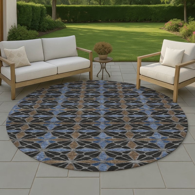 Machine Washable Indoor/Outdoor Chantille ACN2469 Geometric Rug, 8' Round, Black