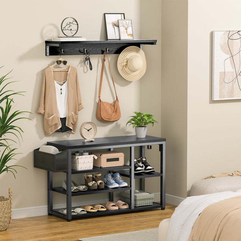 Moumen 19.7'' H×35.1'' W Entryway Organizer - Modern Wood & Iron Storage with Bench, Hooks & Shoe Cubbies, Black