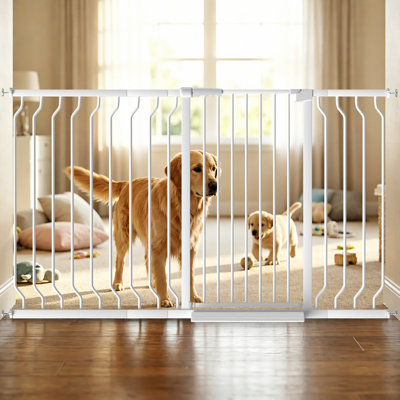 40.55"Tall Adjustable Baby & Pet Gate - Pressure Mount Metal Safety Barrier, Auto-Close, Extensions for Wide Doorways White