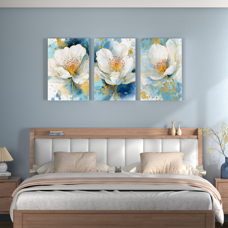 Floral avec décorations dorées, reproduction d'art sur toile abstraite (ensemble de 3), H 30 po x l 60 po