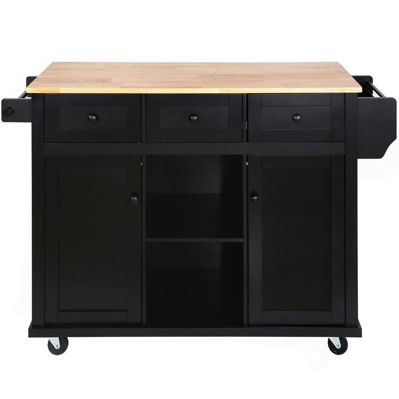Kitchen Cart With Rubber Wood Drop-Leaf Countertop ,Cabinet Door Internal Storage Racks,Kitchen Island On 5 Wheels With Storage Cabinet And 3 Drawers For Dinning Room, Black