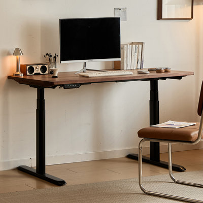Black Walnut Color + Black Rectangle Hight adjustable Solid Wood + Carbon Steel desk