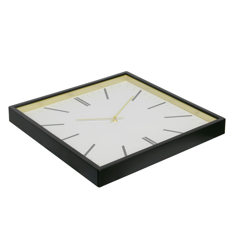 FORMA Square Modern Wall Clock, 16" Minimalist Black Frame with Gold Trim, Quartz Movement, Glass Face, Contemporary Indoor Wall Décor