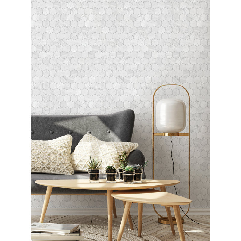 Panneau de papier peint hexagonal en marbre, L 2 pi x H 18 pi, Gris
