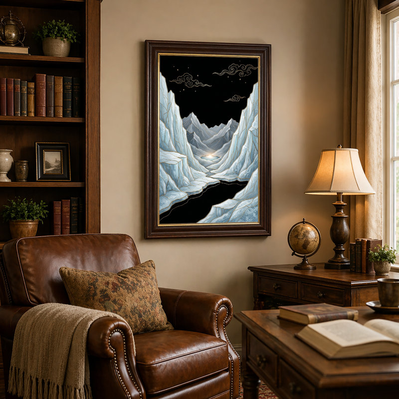 Art mural sur toile Montagnes bleu clair avec lignes dorées et ciel étoilé, H 24 po x l 16 po