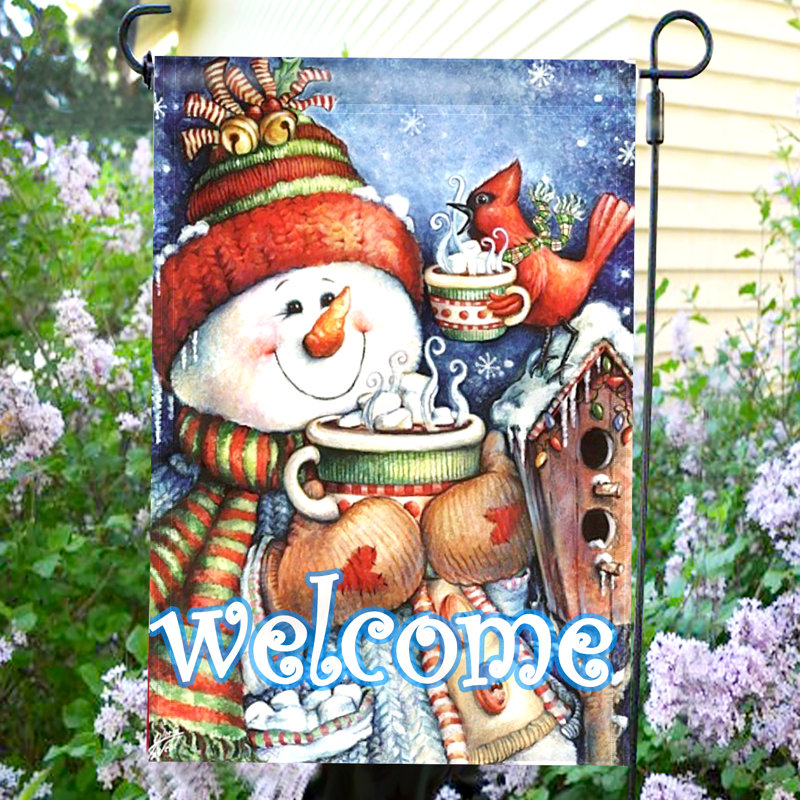 Winter Snowman and Bird Double-Sided Garden Flag