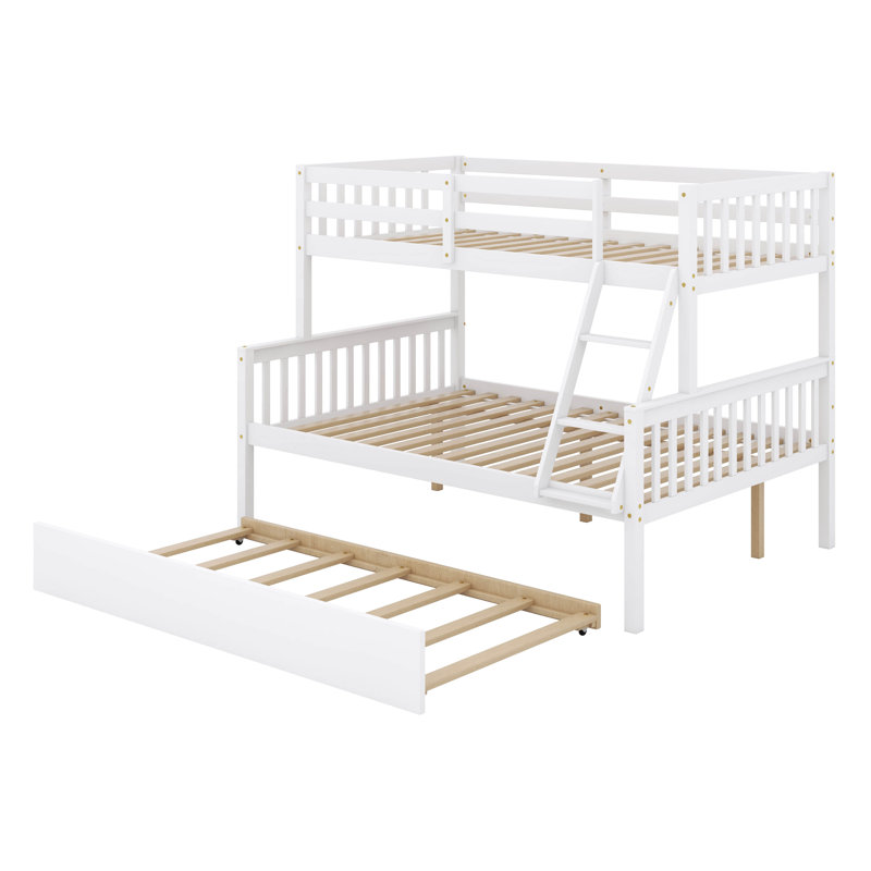  Keirlyn Twin Over Full Rubber Wood Bunk Bed With Trundle,  Convertible Bed, With Twin Size Trundle, White