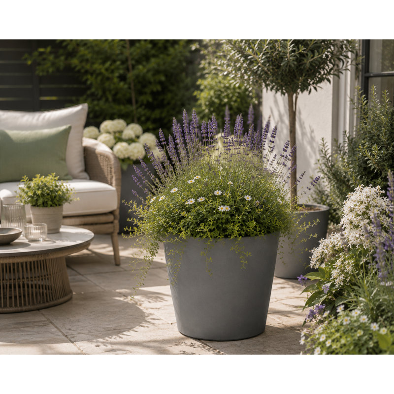 Robin Round Bucket Planter, Contemporary Concrete Effect, Round Indoor and Outdoor Plant Pot with Drainage Hole, Grey
