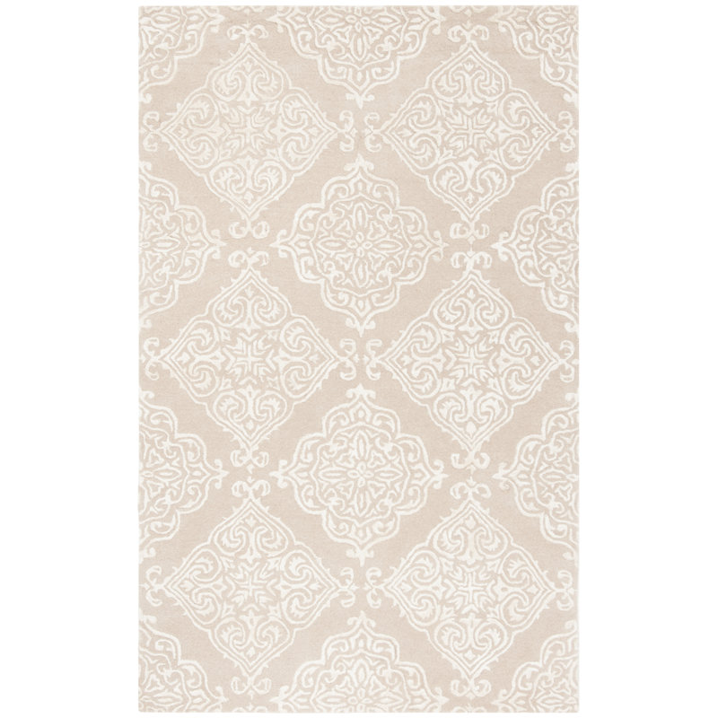 Bernon Hand Tufted Viscose/Wool Damask Rug in Beige, Rectangle 5' x 8'
