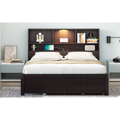 Platform Bed With Bookcase Headboard, Built-In Downlight, Charging Station, And 2 Side Drawers by Hokku Designs