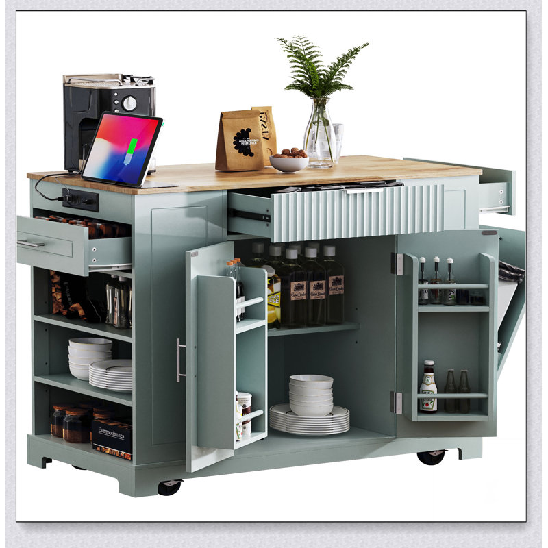 Fluted Kitchen Island with Trash Can Storage, Power Outlets, and Rolling Wheels for Enhanced Mobility and Organization