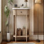 Console étroite, coin incurvé, 1 tiroir, tablette ouverte pour le vestibule - beige + blanc